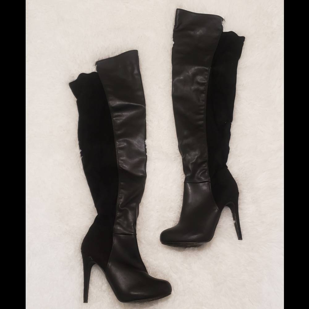 Miss Lola Black Over the Knee Leather Boots Size 8